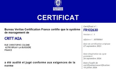 CRITT M2A renouvelle sa certification ISO 14001-2015